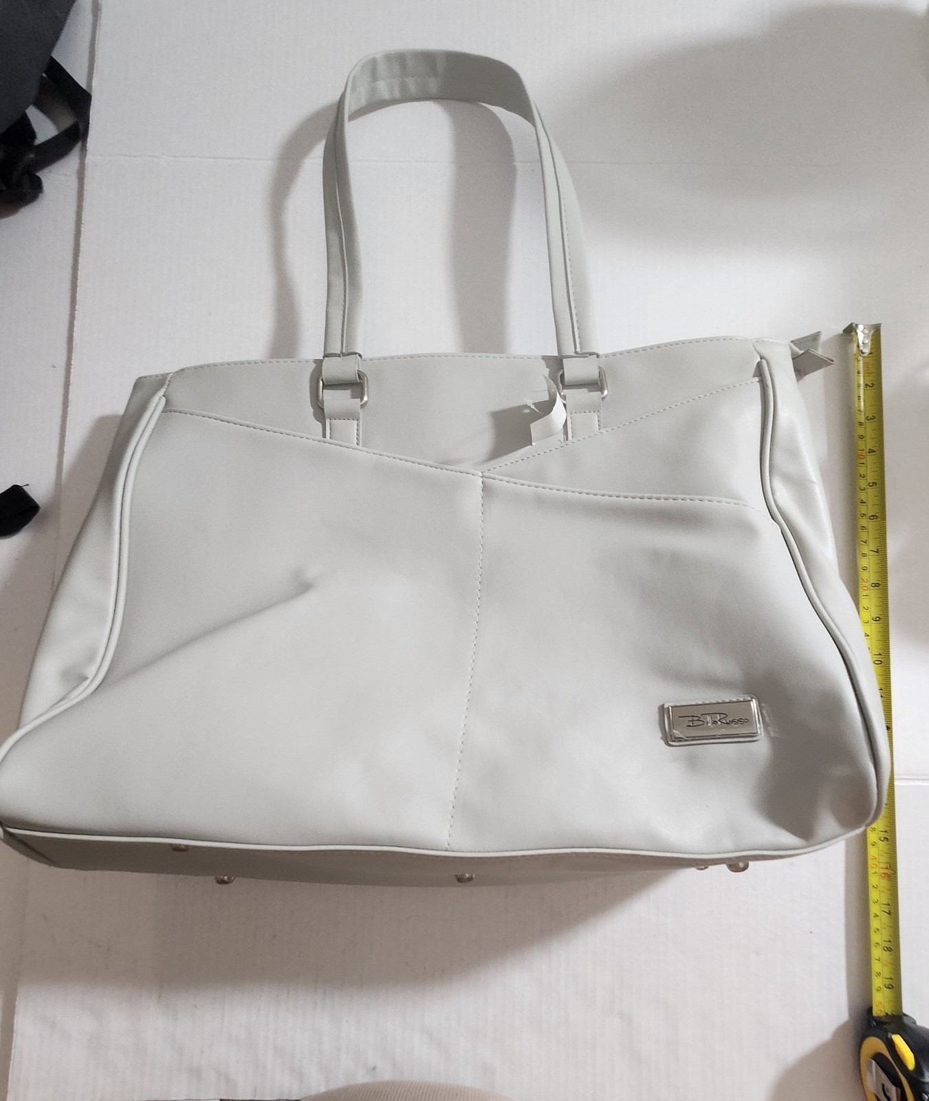 Bella Russo White Large Tote Bag Zip Closure Lined Pockets Silver Hardware