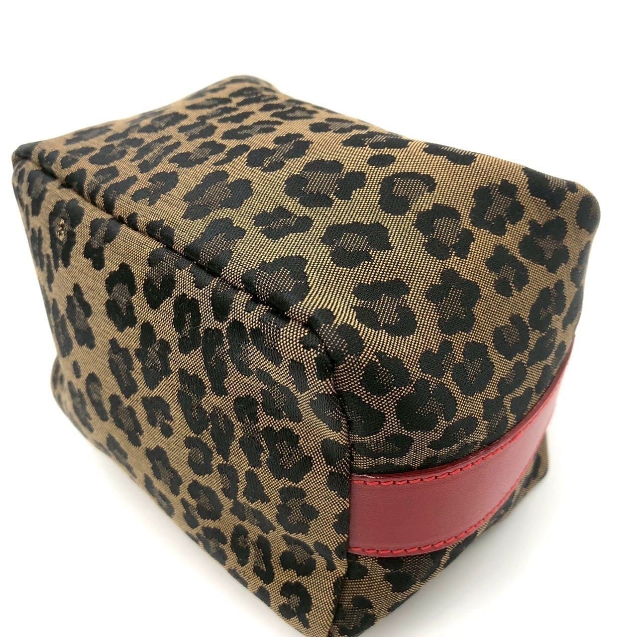 FENDI Leopard Vanity Pouch Purse Hand Bag Canvas Brown Red Animal