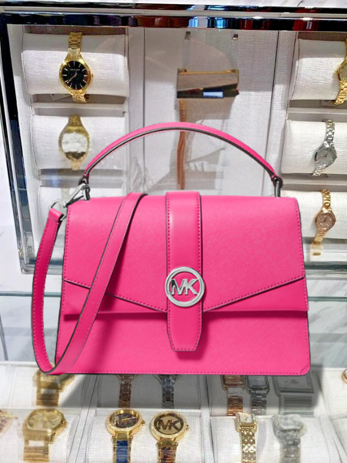 Michael Kors Greenwich Women Medium Leather Satchel Crossbody Bag Dragonfruit