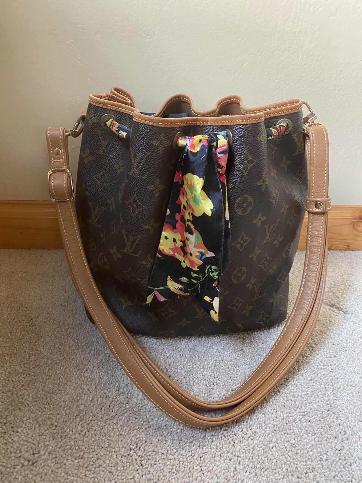 Vintage Louis Vuitton Petit Noe Bucket Bag Brown Canvas Leather Monogram Samorga