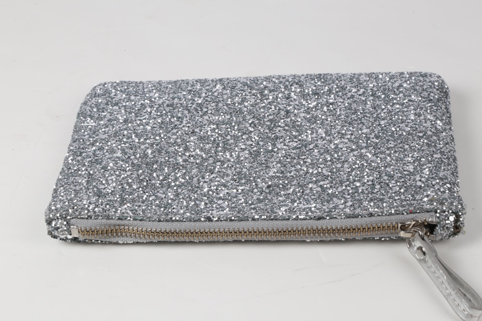 Ann Taylor Metallic Silver Sparkle Glitter Zipper Clutch Evening Party Bag