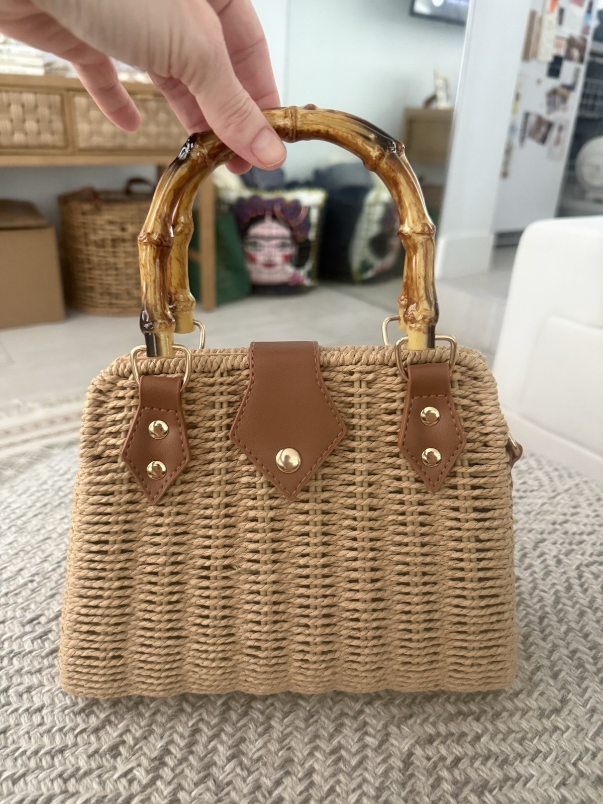 Woven Straw Top Handle Bag with Bamboo Handle, Snap Closure, Beige Brown, Lined