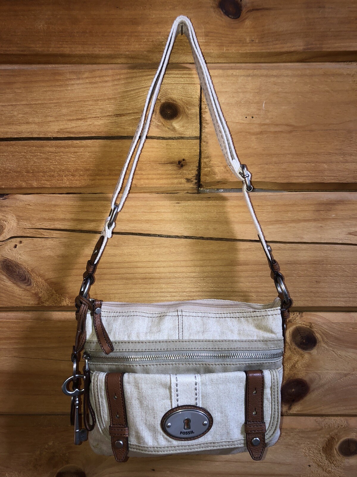 Fossil Oatmeal Linen Canvas Crossbody Bag Purse Key