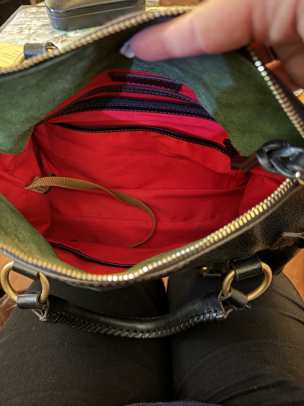 Dooney & Bourke Black Satchel Top Handle Zip Detachable Strap Red Lining