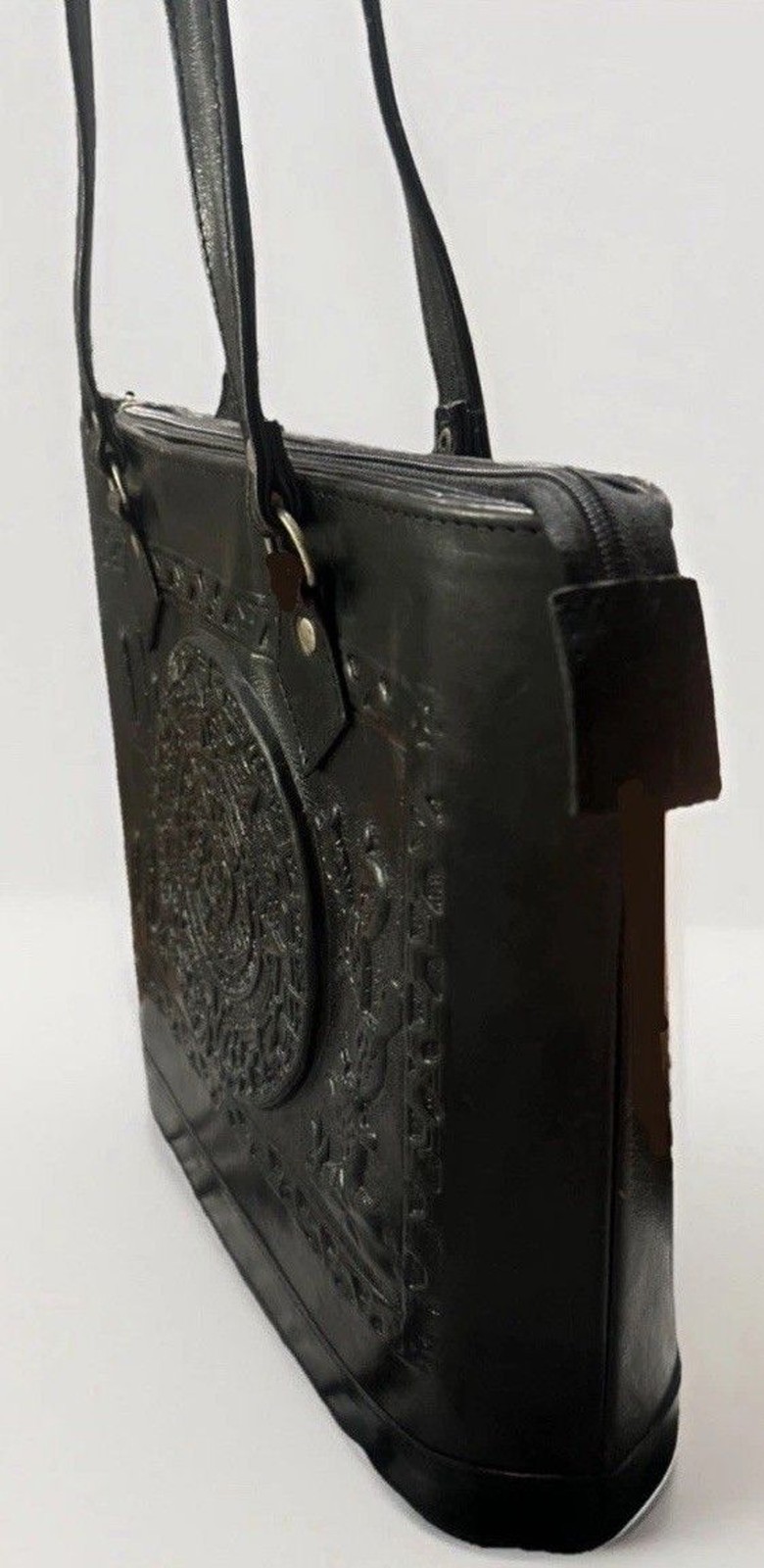 Vintage Mexican Black Hand Tooled Leather Tote Aztec Calendar Hecho en Mexico