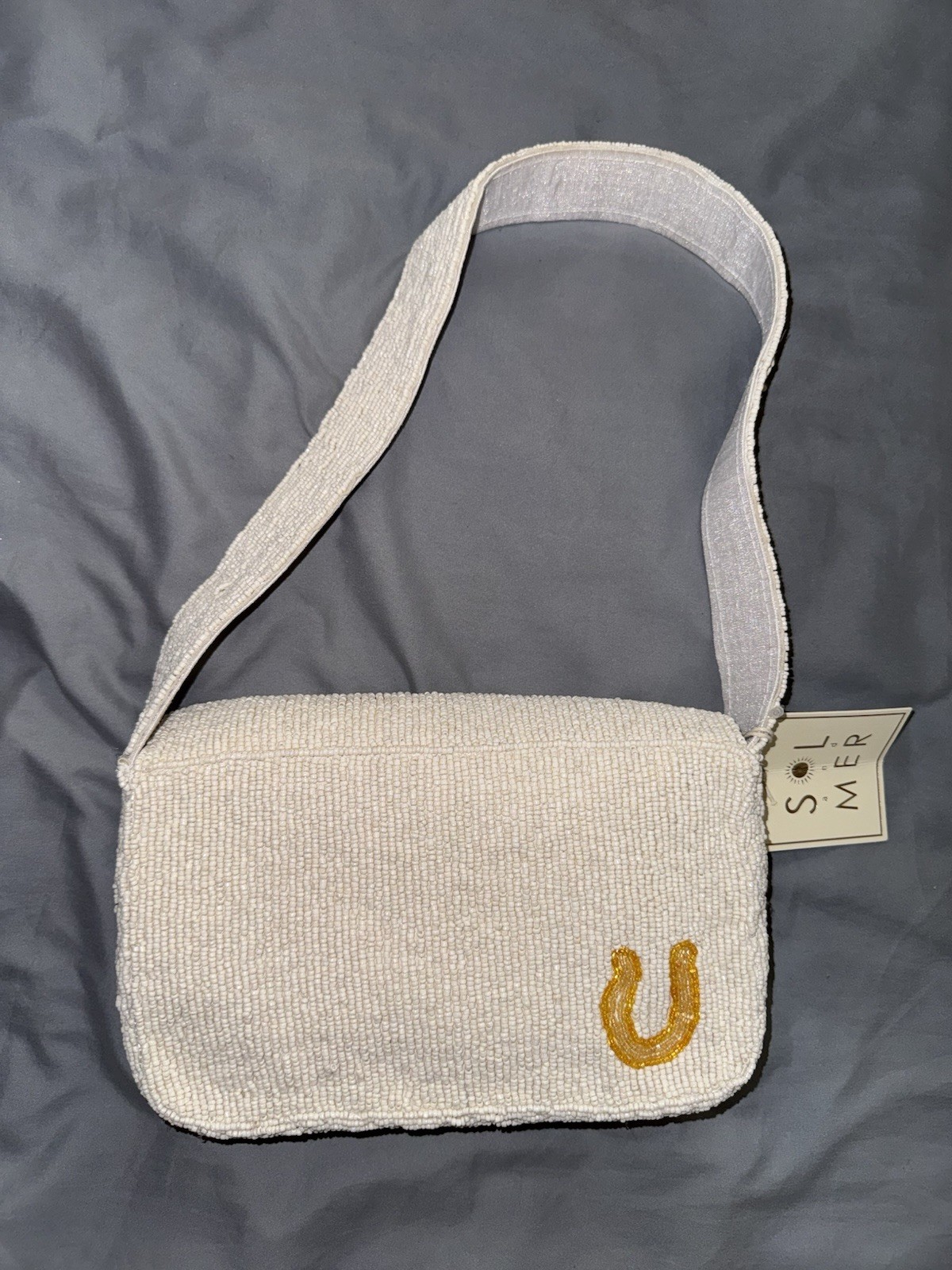 White Beaded Shoulder Bag with Boots and Flowers New with Tags