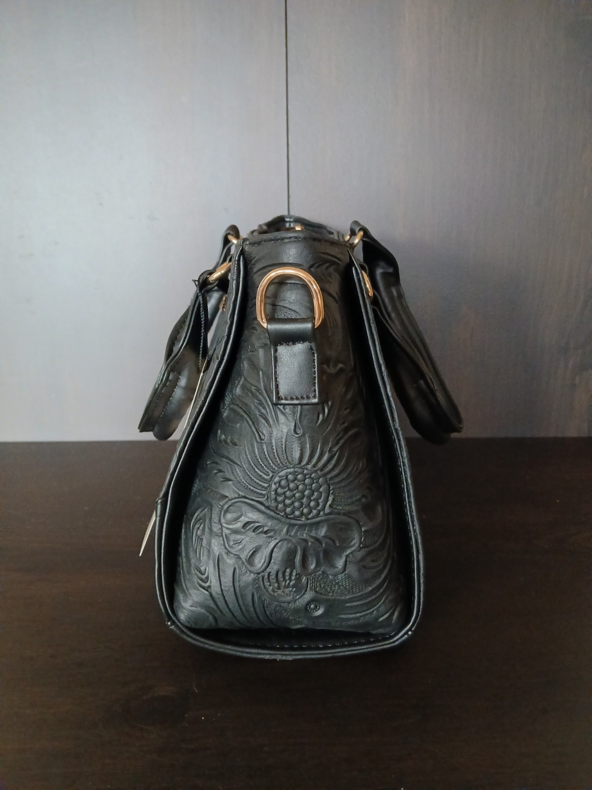 Black Tasseled Floral Embossed Tooled Artisan LEATHER Crossbody bag Purse