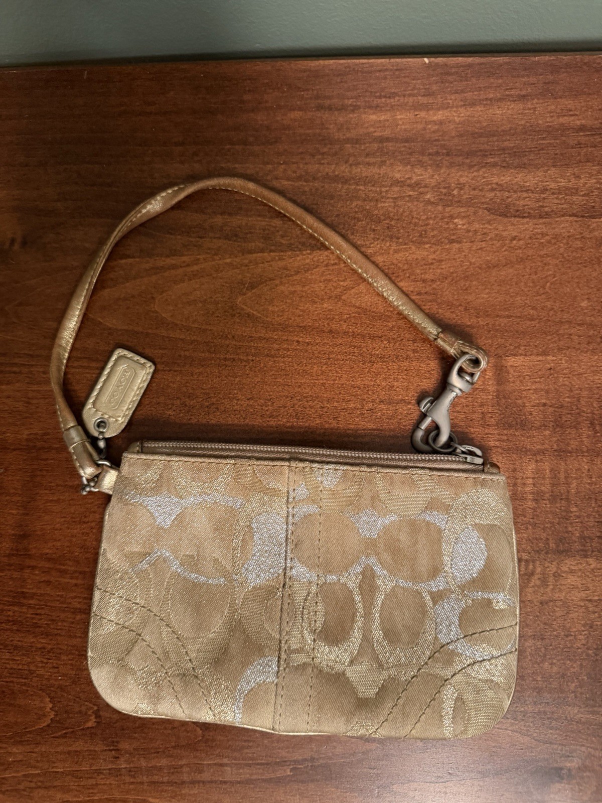 Coach Wristlet Metallic Gold & Silver Monogram Logo Mini Zipper Pouch 4in x 6in