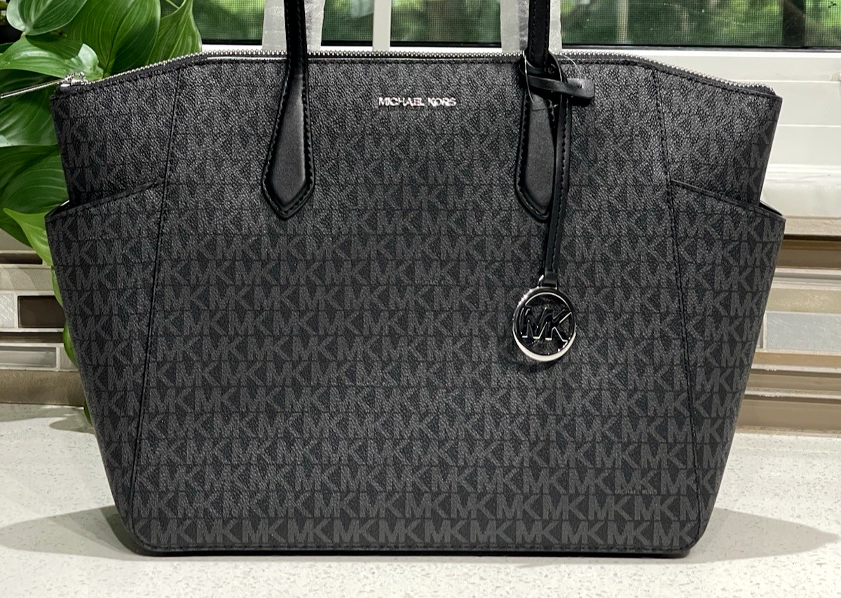 MICHAEL KORS MARILYN MEDIUM LARGE ZIP TOTE SHOULDER BAG BLACK MK LOGO SILVER