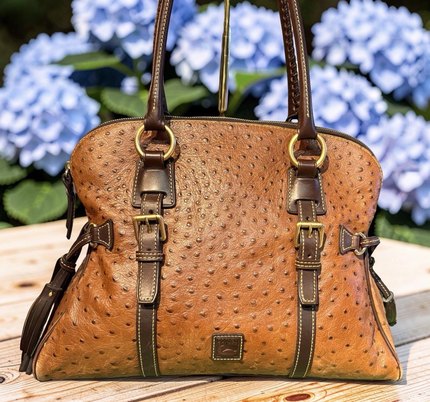 Dooney Bourke Chestnut Cognac Brown Ostrich Embossed Leather Large Satchel Bag