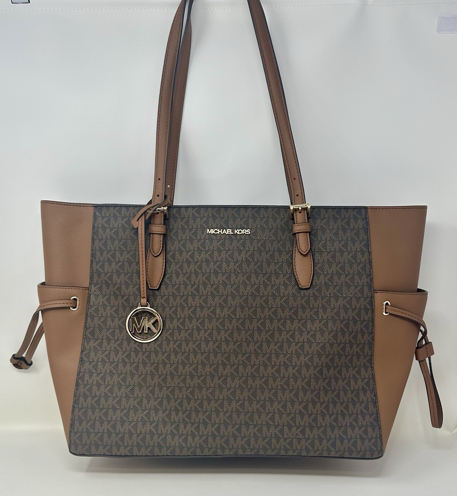 Michael Kors Gilly Large Drawstring Zip Travel Tote Bag Brown MK Logo Shoulder