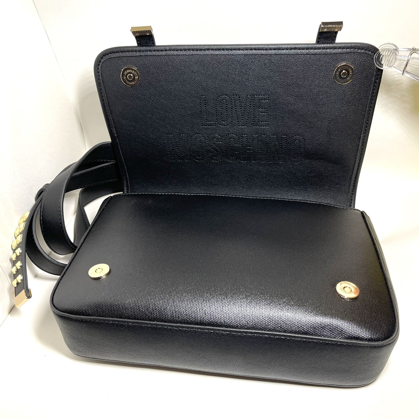 New Love Moschino Designer Nero Borsa Canvas Crossbody Black Gold Purse Handbag