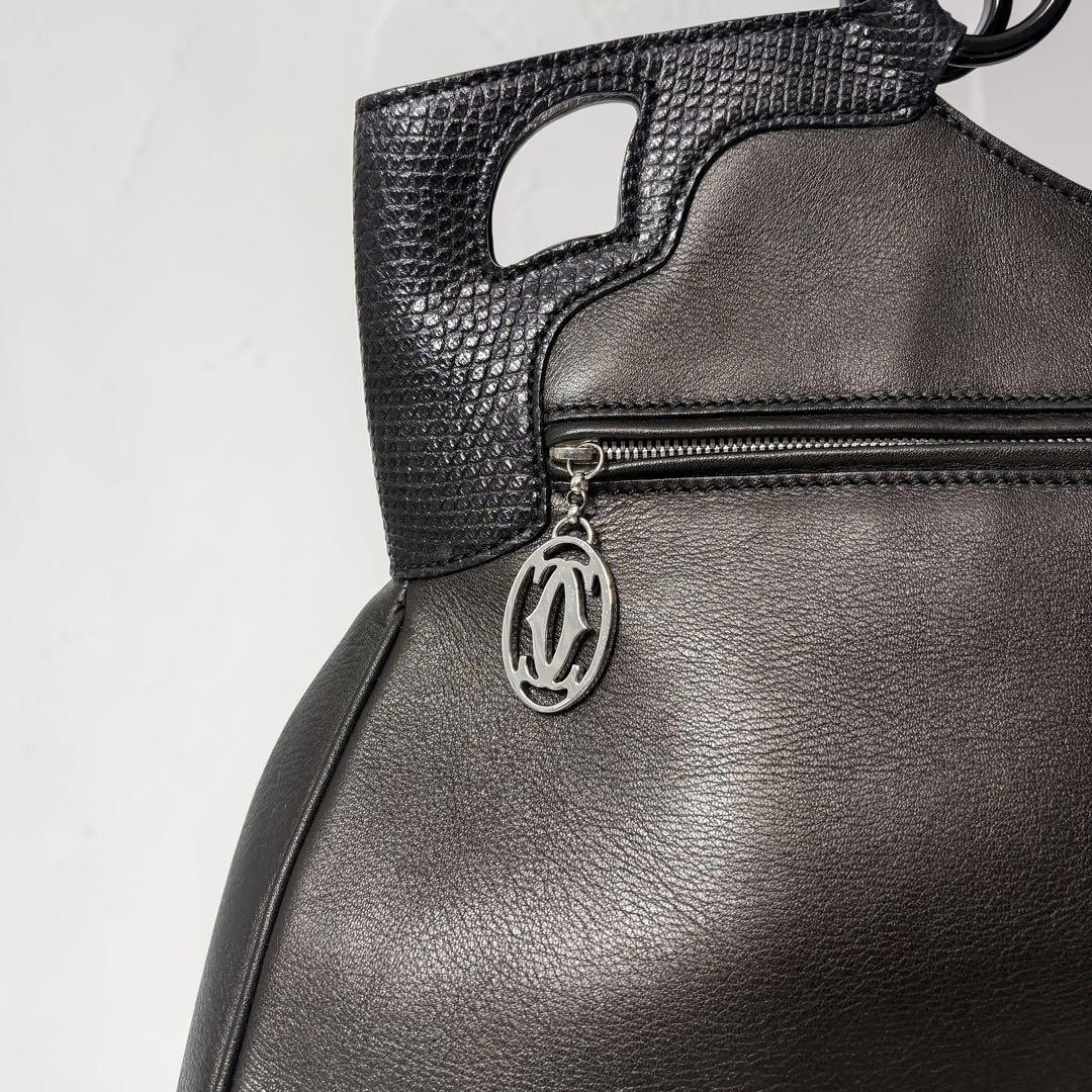 Cartier Marcello de Cartier Leather Handbag Black & Beige Color Used Authentic