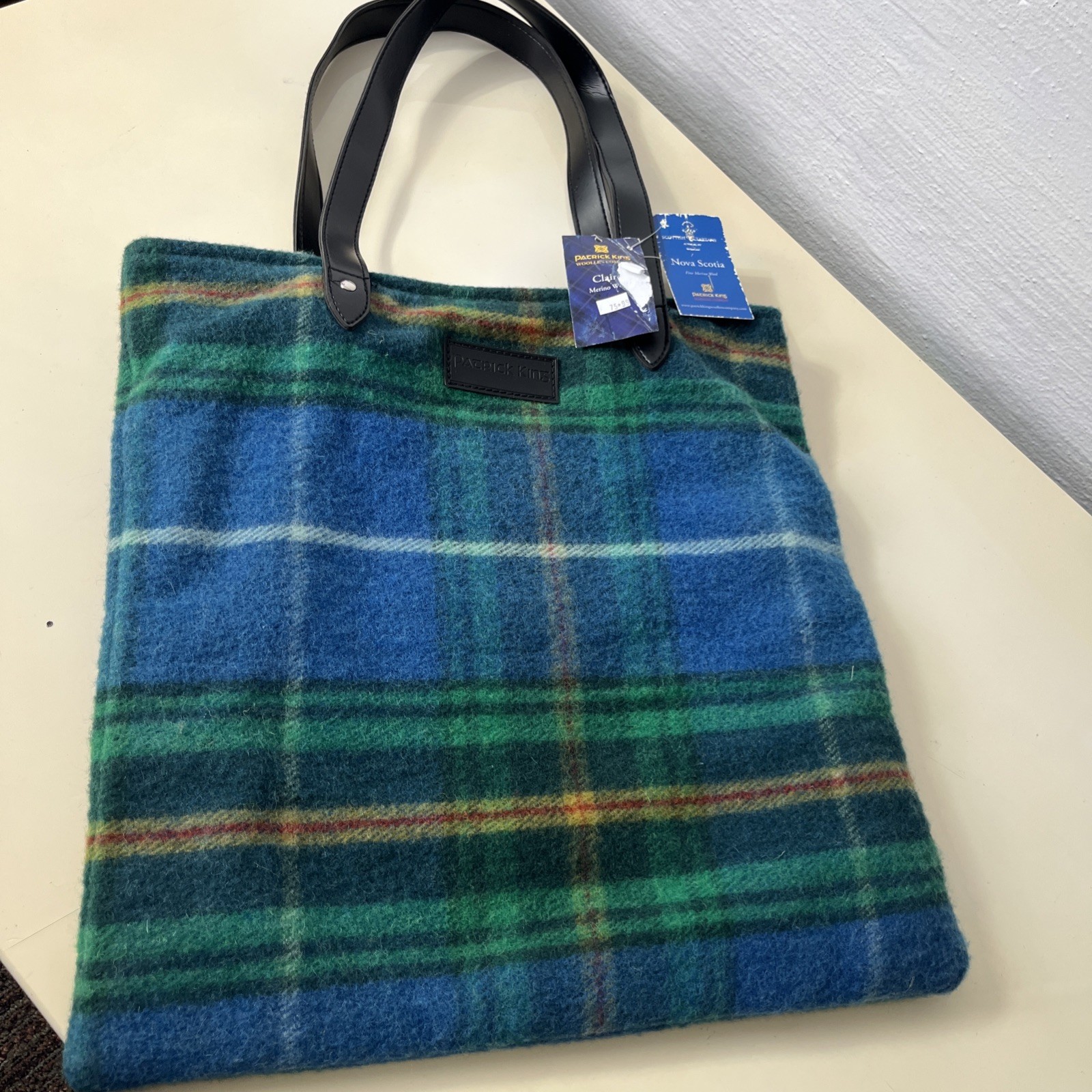 Patrick King woolen company Marino woolToteBag NEW Plaid Blue Green Tartan