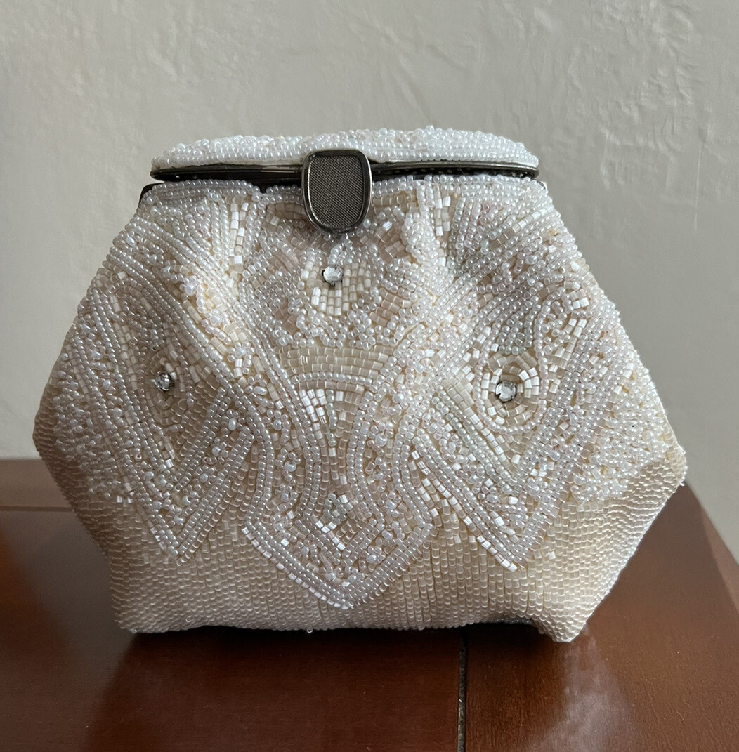 VINTAGE La Regale Handmade Ivory Beaded Evening Purse Shoulder Bag