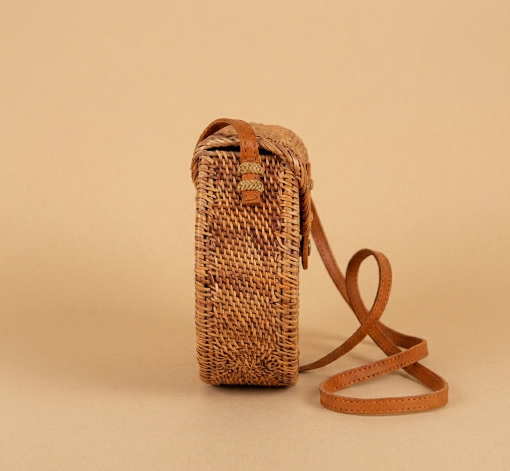 Handmade Round Rattan Crossbody Bag Woven Straw Purse Leather Boho Beach Women