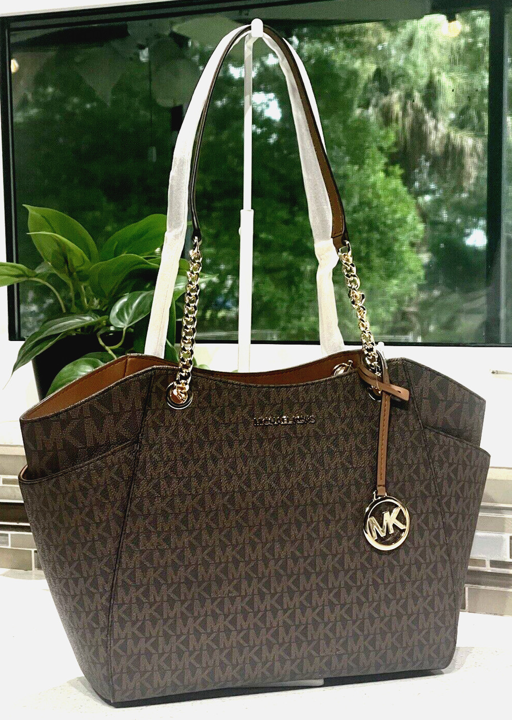 MICHAEL KORS JET SET TRAVEL LARGE MEDIUM CHAIN SHOULDER TOTE BAG MK BROWN LOGO