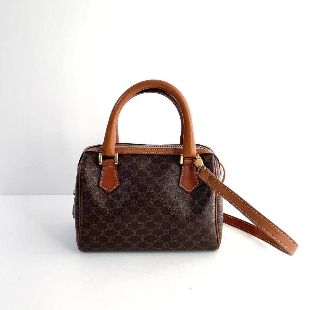 Celine Macadam Mini Boston Bag 2Way Shoulder Crossbody zip Leather Brown women
