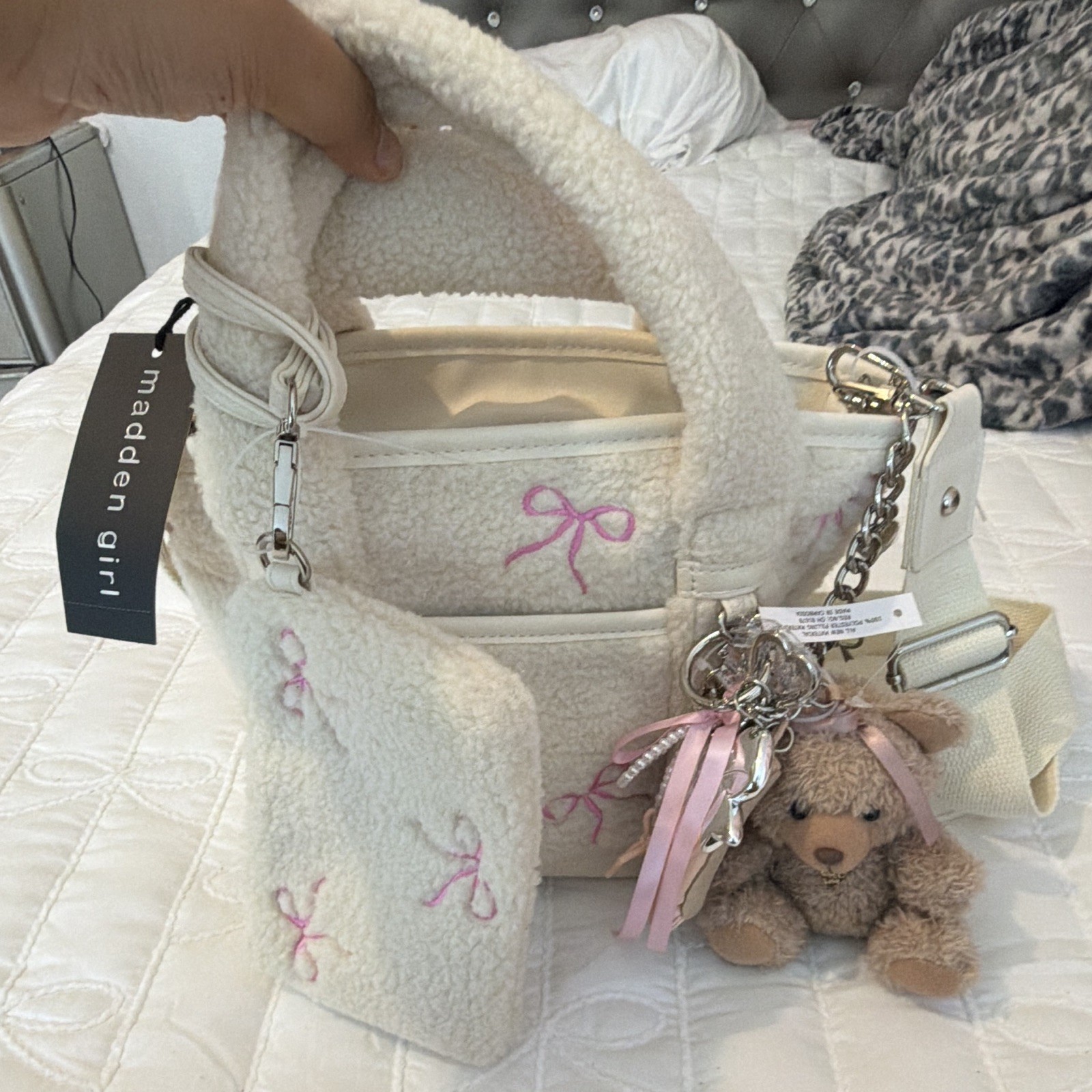 Madden Girl Cream/Pink Satchel Zip Embroidered Teddy Bear Charm Detachable Strap
