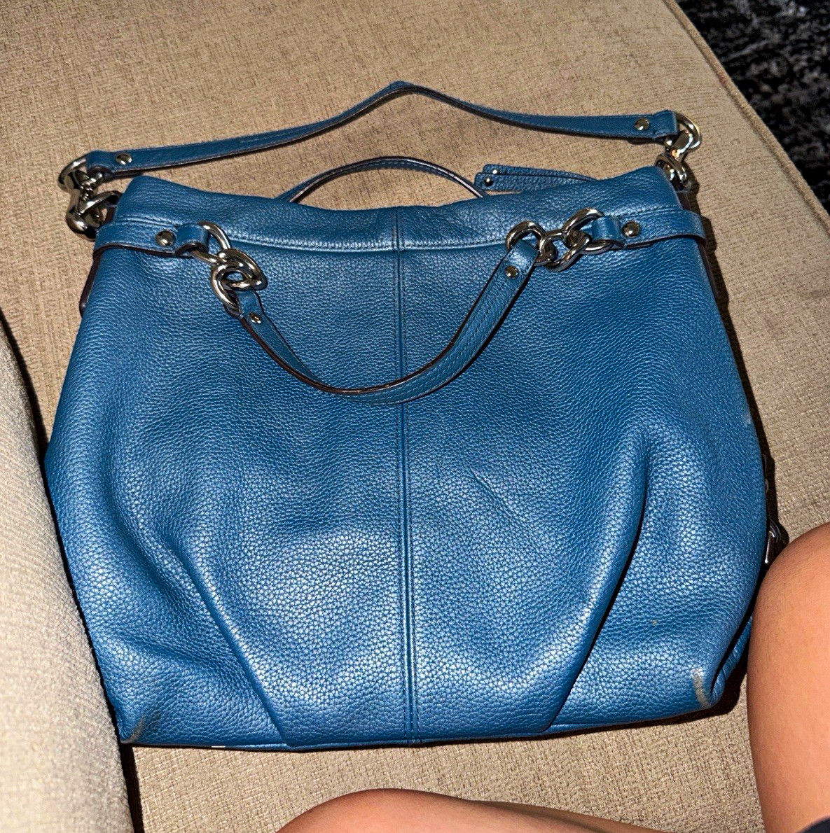 Coach Blue Pebbled Shoulder Bag Zip Closure Silver Hardware Detachable Strap