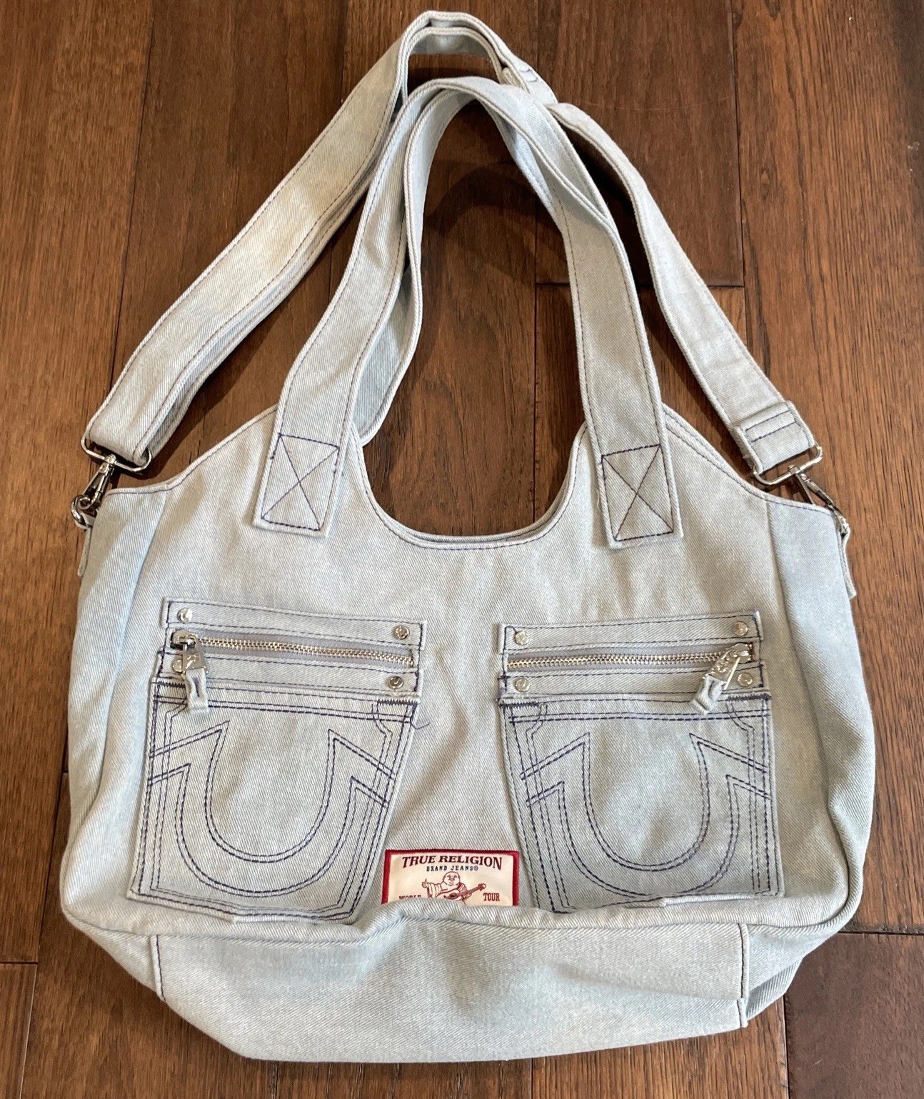 TRUE RELIGION Denim Pocket Horseshoe Logo Shoulder Bag Tote Light Blue Jeans