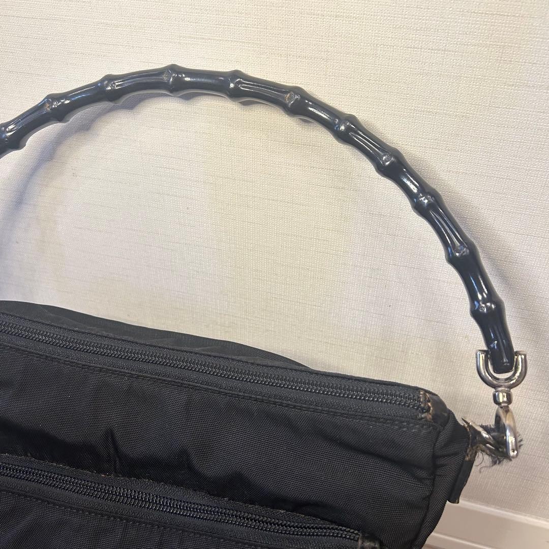 Authentic GUCCI Bamboo Handle Nylon Shoulder Bag Black 28cm x 24cm x 11.5cm