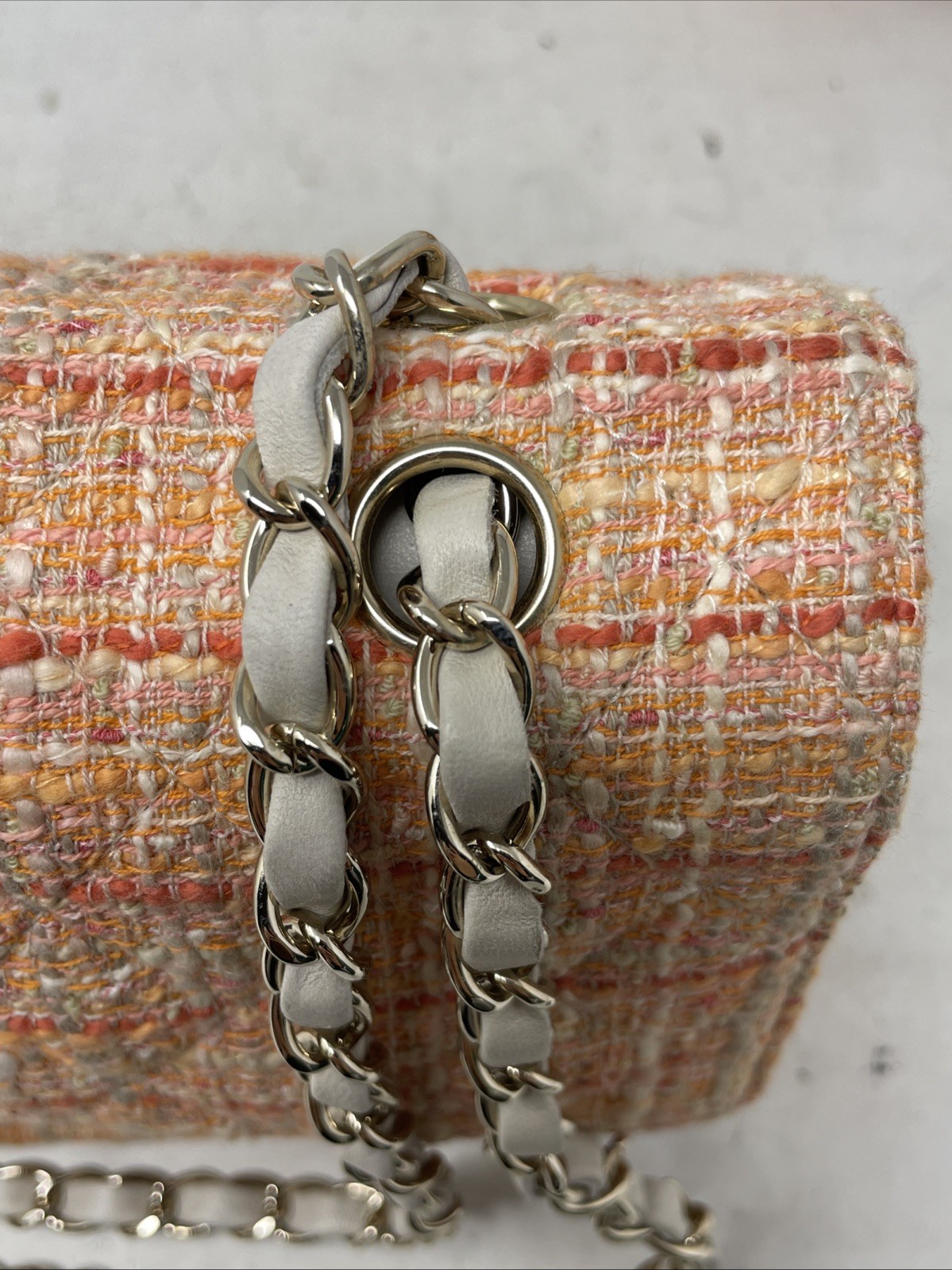 Authentic Chanel 2005 10-Series Peach Tweed Medium Classic Double Flap Bag (197)
