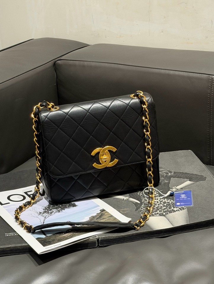 Chanel Vintage Classic Flap Normal Size Black Calfskin Leather Shoulder Crossbod