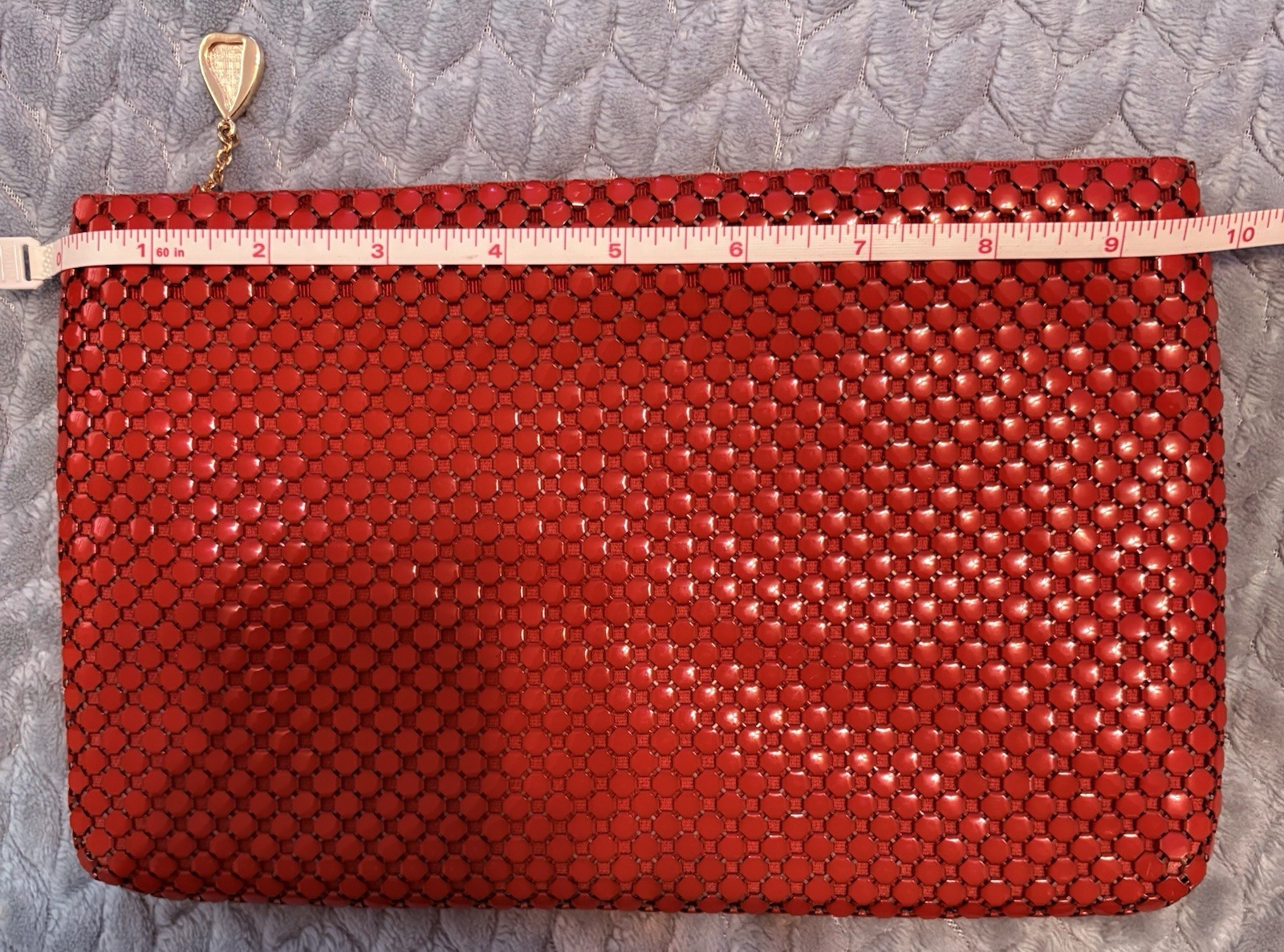Whiting & Davis Red Metal Mesh Zip, gold heart pull ring, clutch