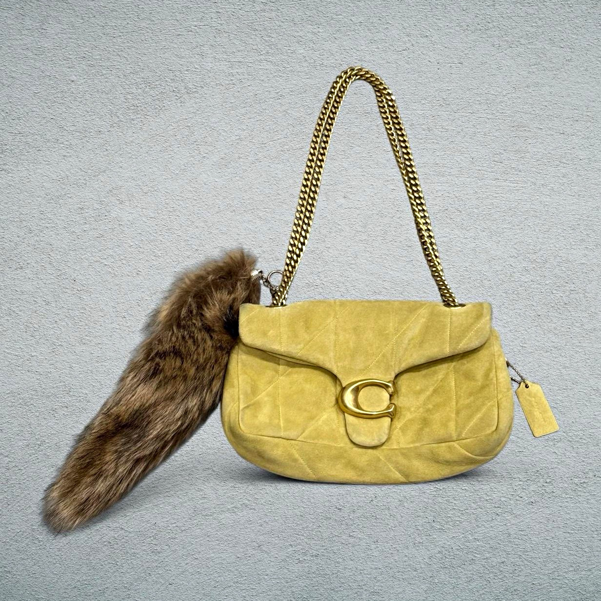 Coach Beige Quilted Shoulder Bag Gold Chain Strap Turn Lock with Bag Charm