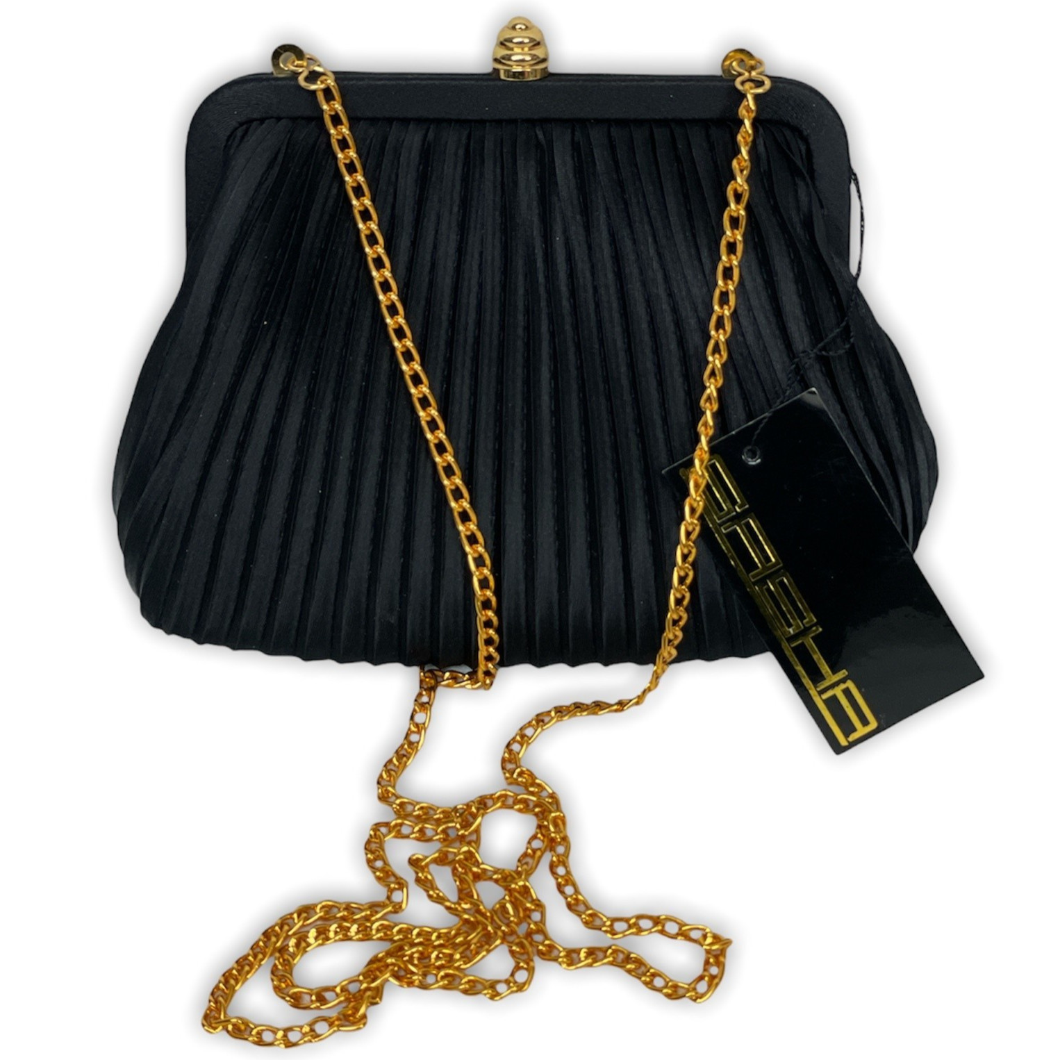 Women’s Formal Small Black Snap Close Purse Gold Color Strap Chain Ribbed — NWT