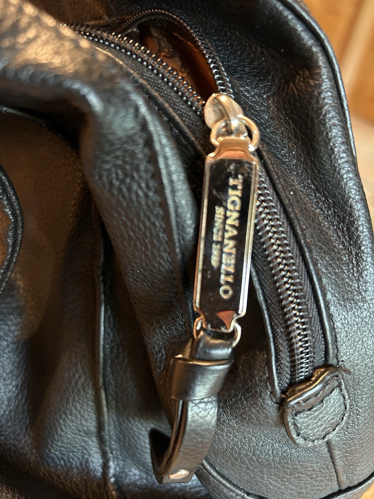 Tignanello Black Pebbled Shoulder Bag Silver Hardware Zip Logo Lined