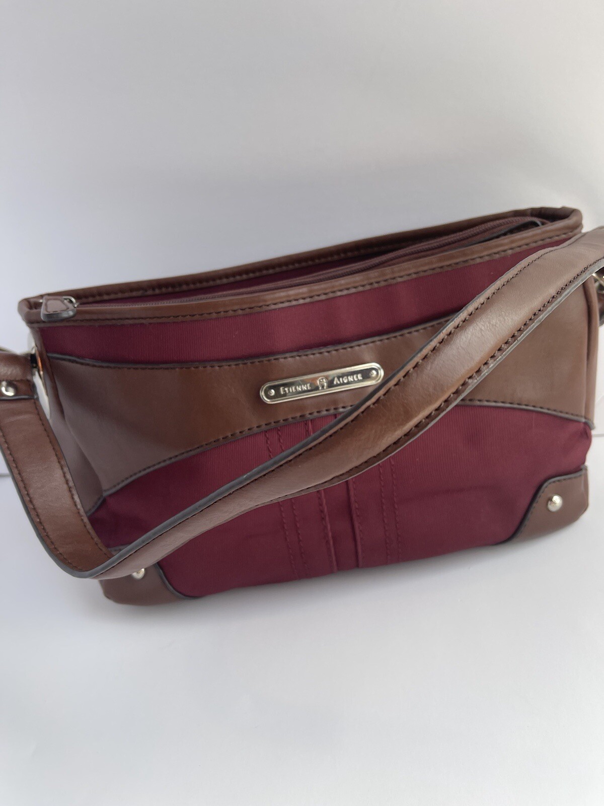 Etienne Aigner Handbag Shoulder Purse Fabric Maroon Wine Red Brown Trim