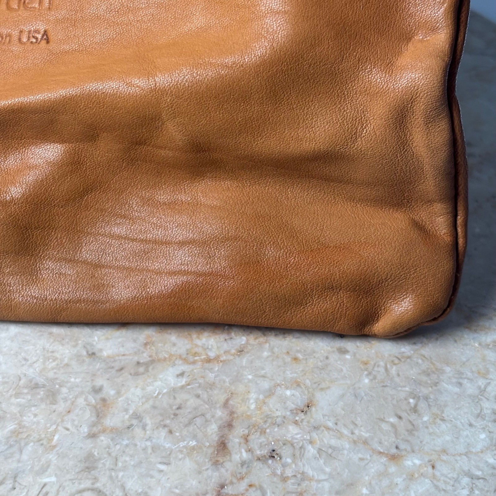 JWM Derr Leather Pouch Bag Small Tan Brown Horse Logo Bend Oregon USA 10×7