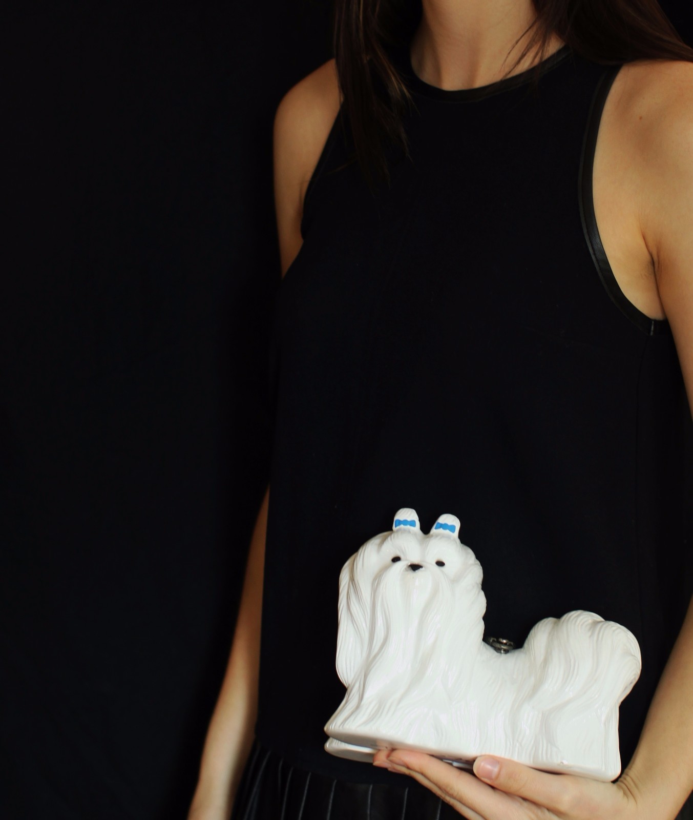 TIMMY WOODS MALTESE WHITE BLUE BOW HAND CARVED DOG PURSE CLUTCH PUPPY MINAUDIERE