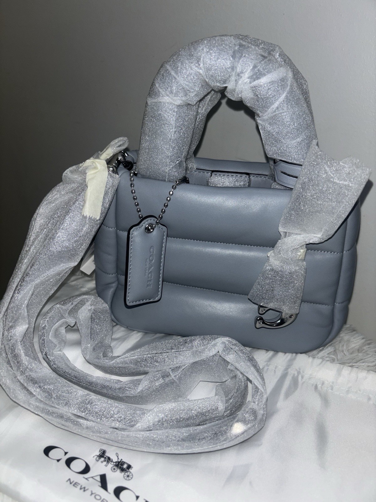 New Coach Mini Pillow Tote in Grey Blue. Discontinued