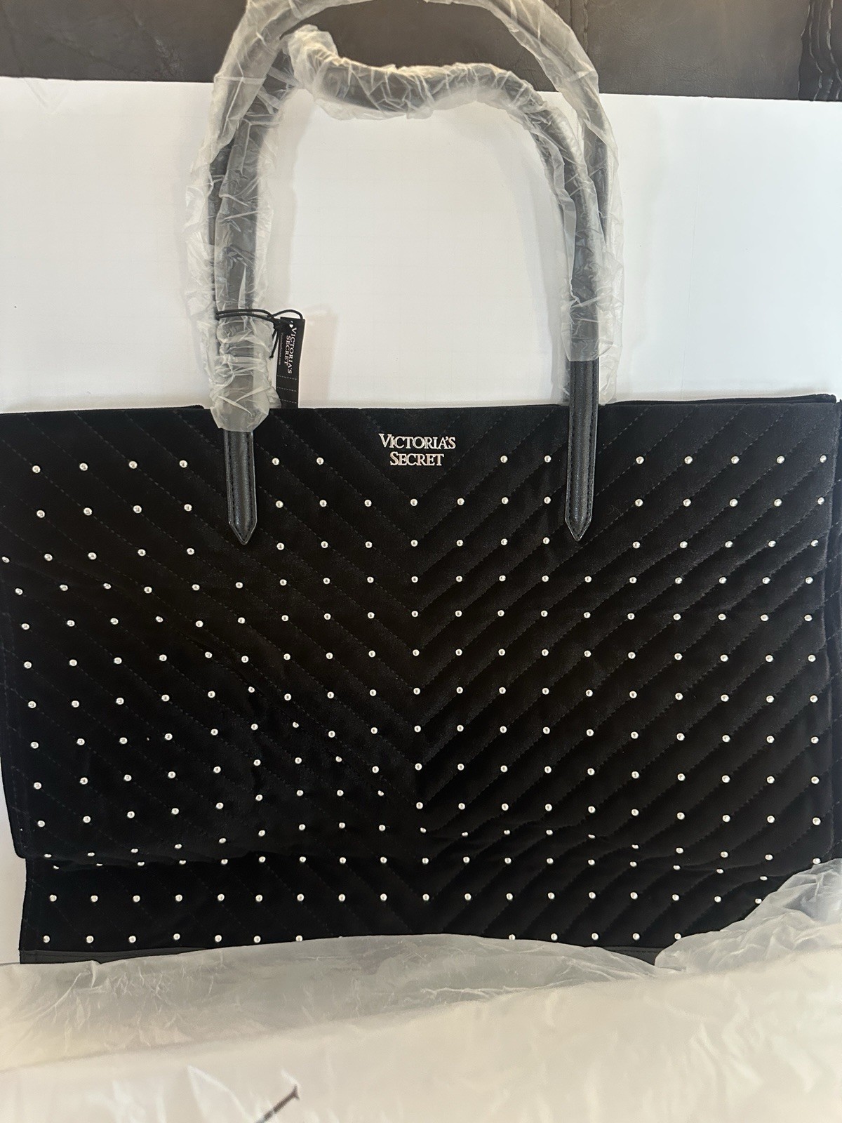 Victoria’s Secret Black Quilted Studded Logo Tote Top Handle Silver Hardware