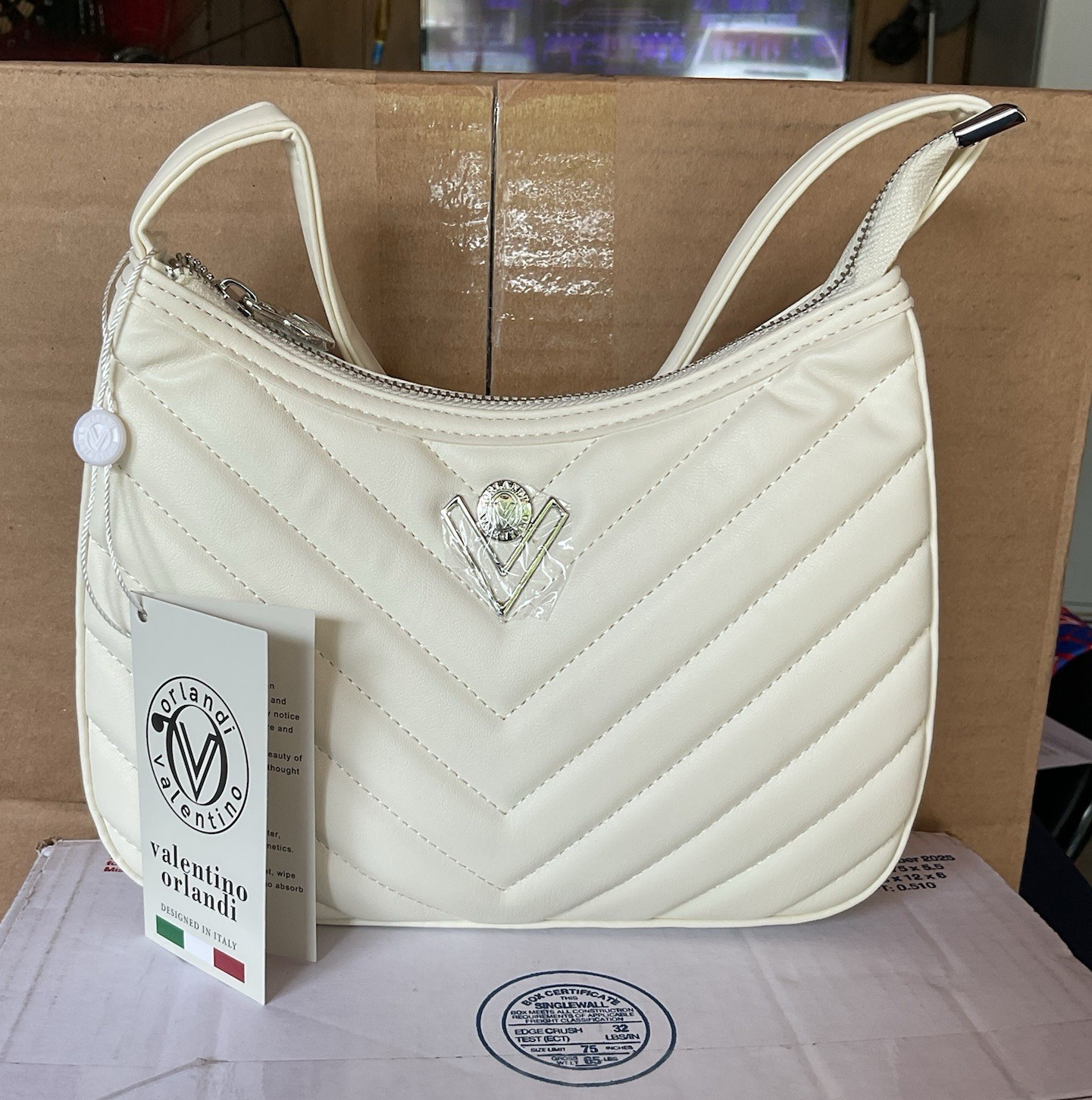 Valentino Orlandi Ivory Small Quilted Shoulder Bag Zip Closure Silver Hardware