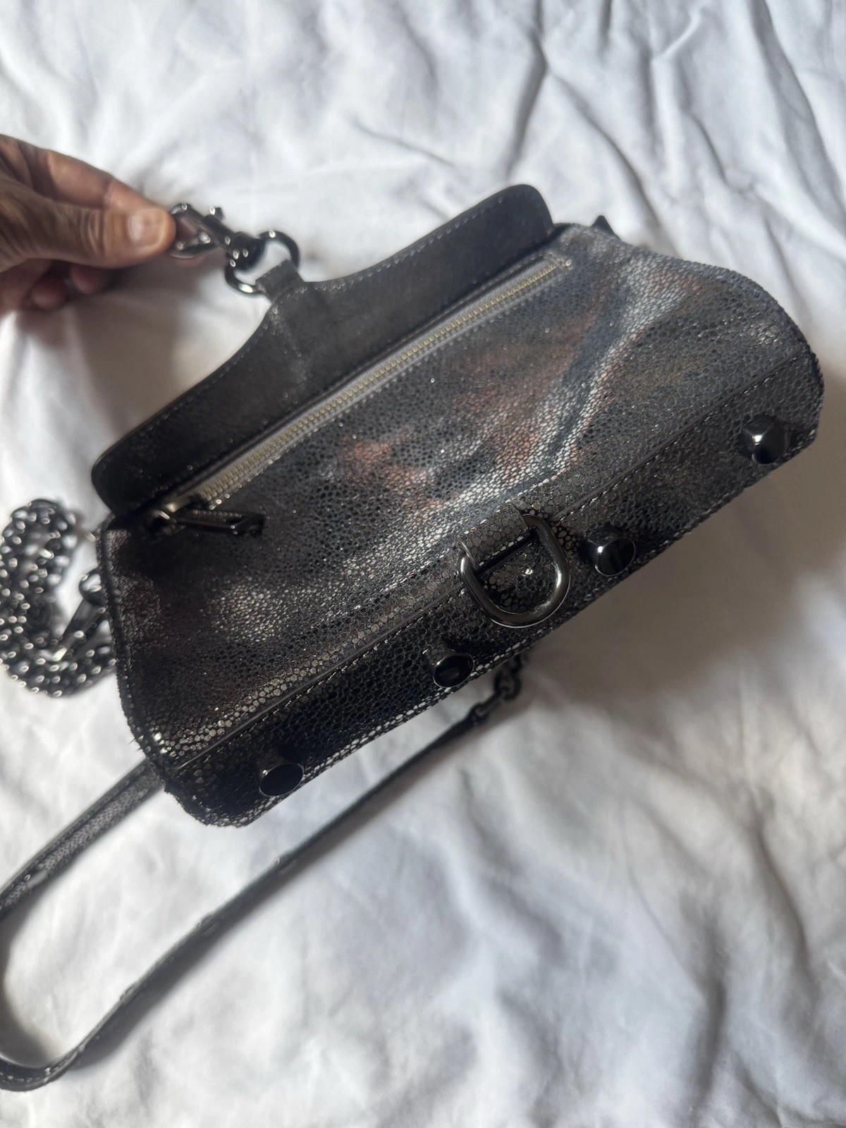 Rebecca Minkoff Mini Mac Clutch SILVER Metallic Black Hardware Crossbody 9”x7”