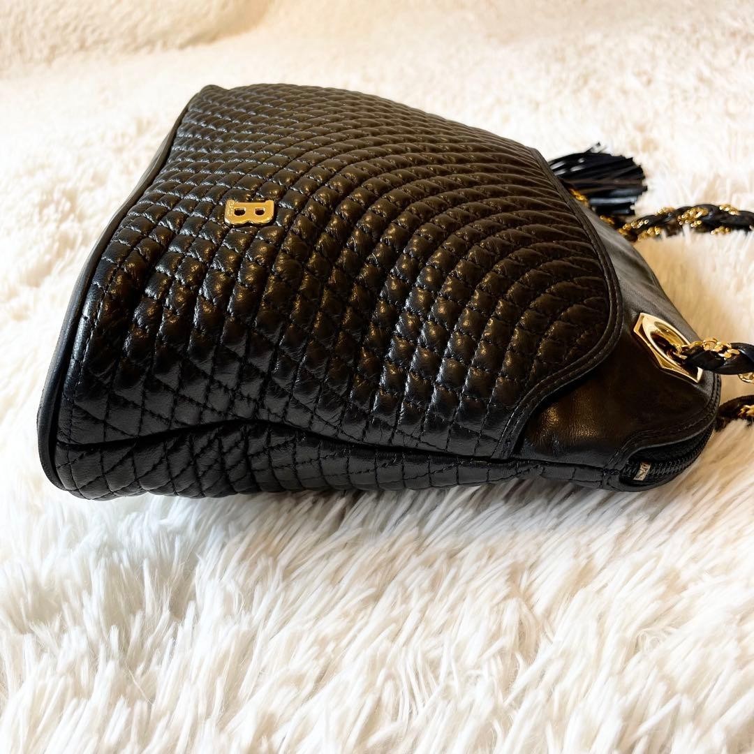 Vintage BALLY Y2K Black Woven Quilted Leather Tassel Chain Shoulder Bag Italy