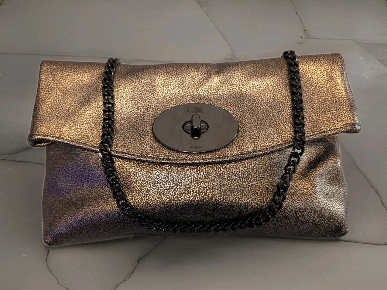 Coach Metallic Leather Turnlock Chain Clutch Shoulder Bag Gunmetal