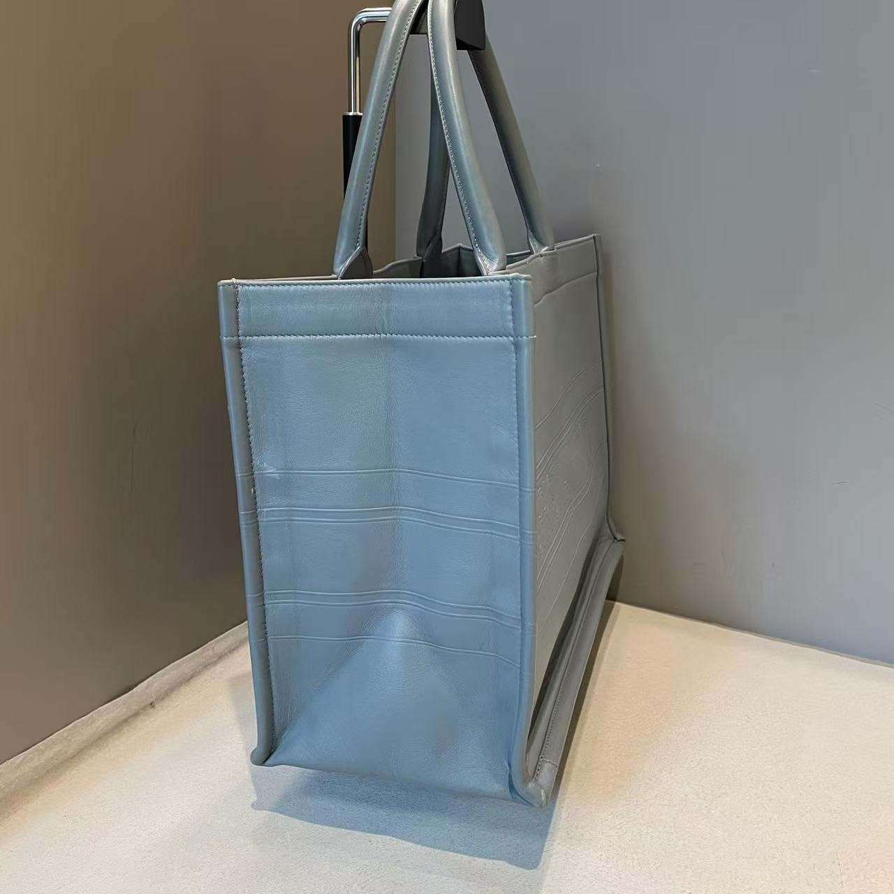 Christian Dior Medium Book Tote Handbag Pale Blue Smooth Calf Leather Auth