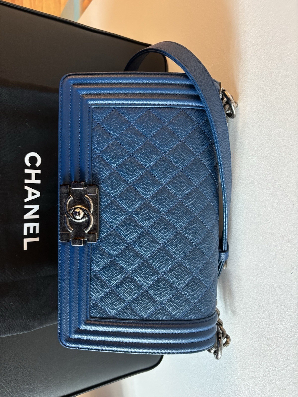 CHANEL Caviar Quilted Leather Le Boy Flap Handbag Purse Medium Authentic