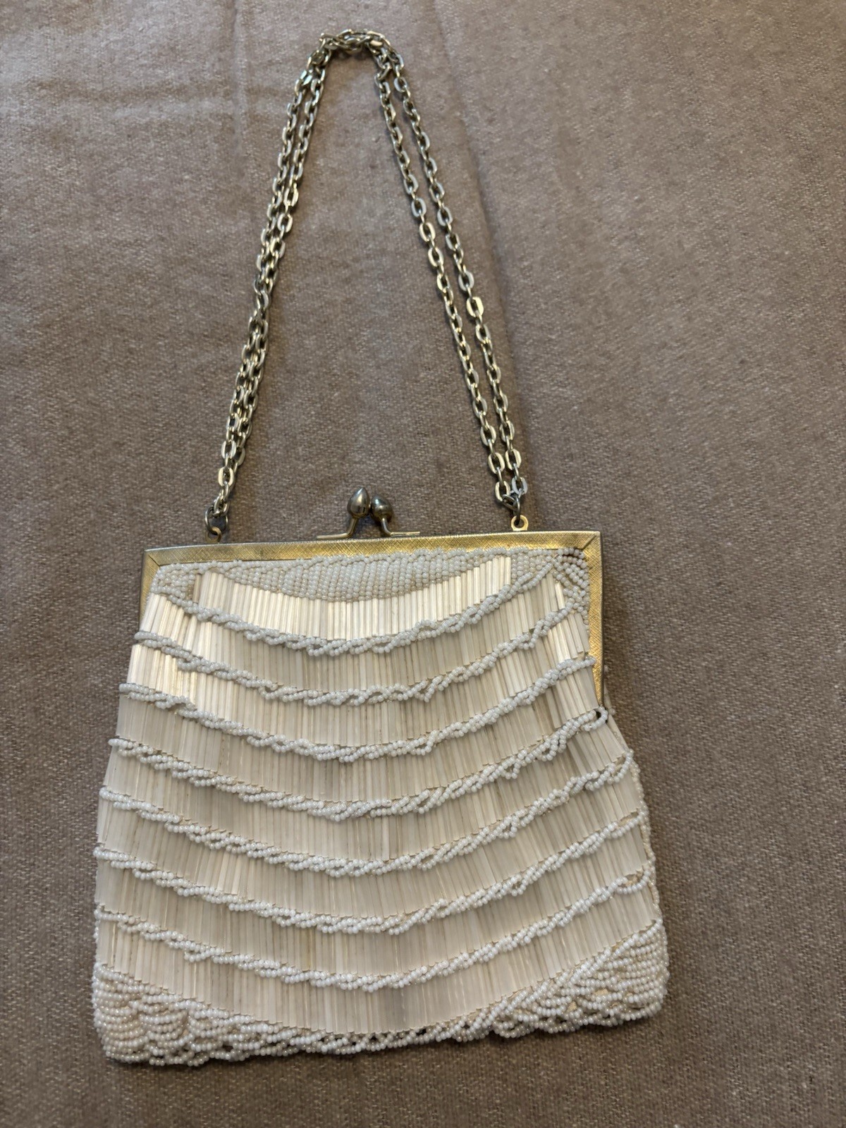 White Beaded Evening Clutch Purse Gold Kiss Lock Frame Chain Strap Handmade