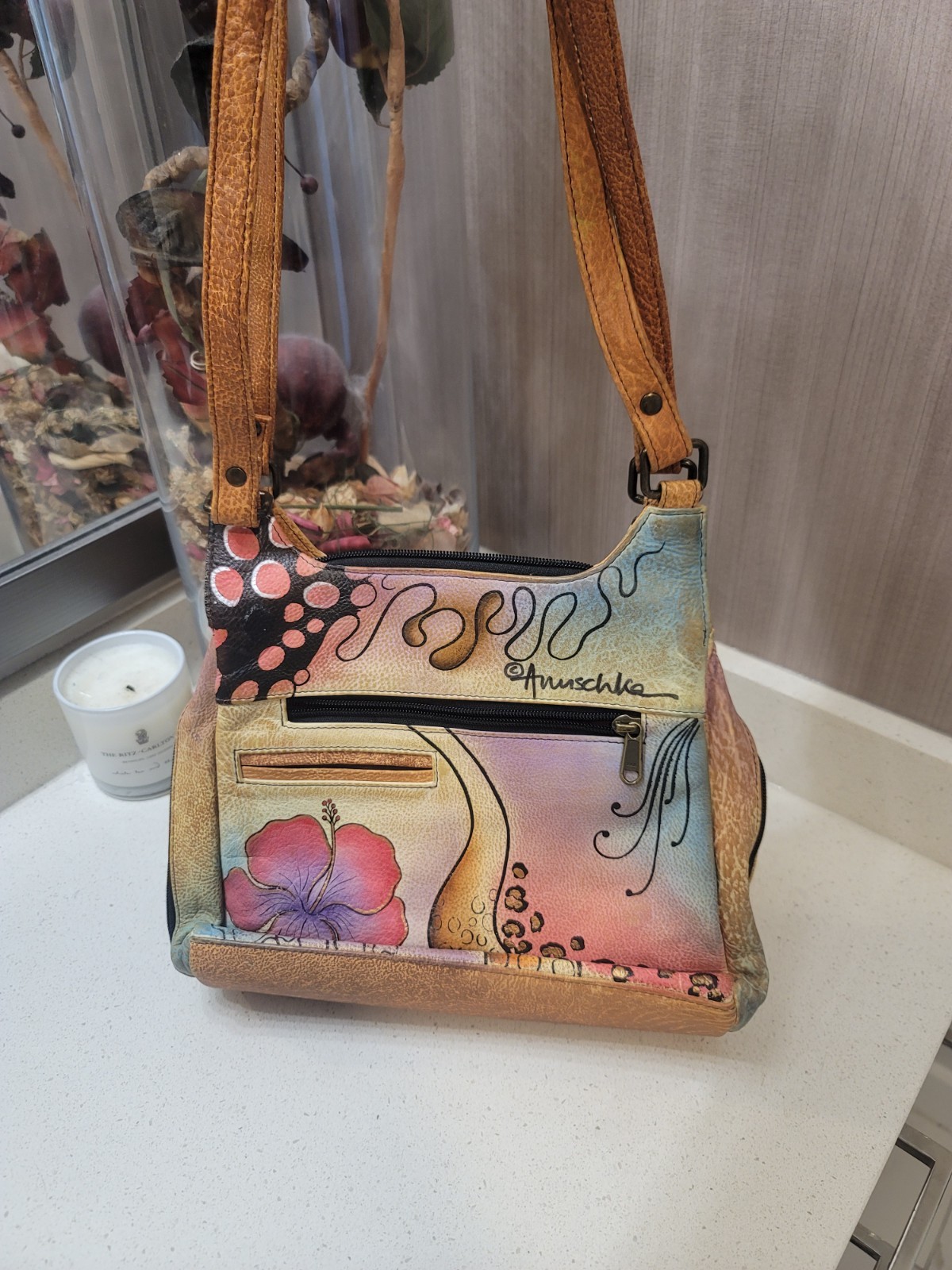 Anuschka Floral & Butterfly,Stunning HandPainted Zip & Snap Pocket Shoulder Bag