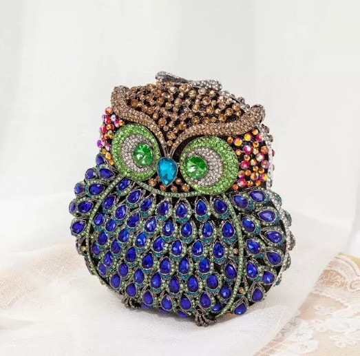 Clutch Handbag Bag Purse Crystal Clutch Evening Bag Blue Owl Diamond Gold Bag