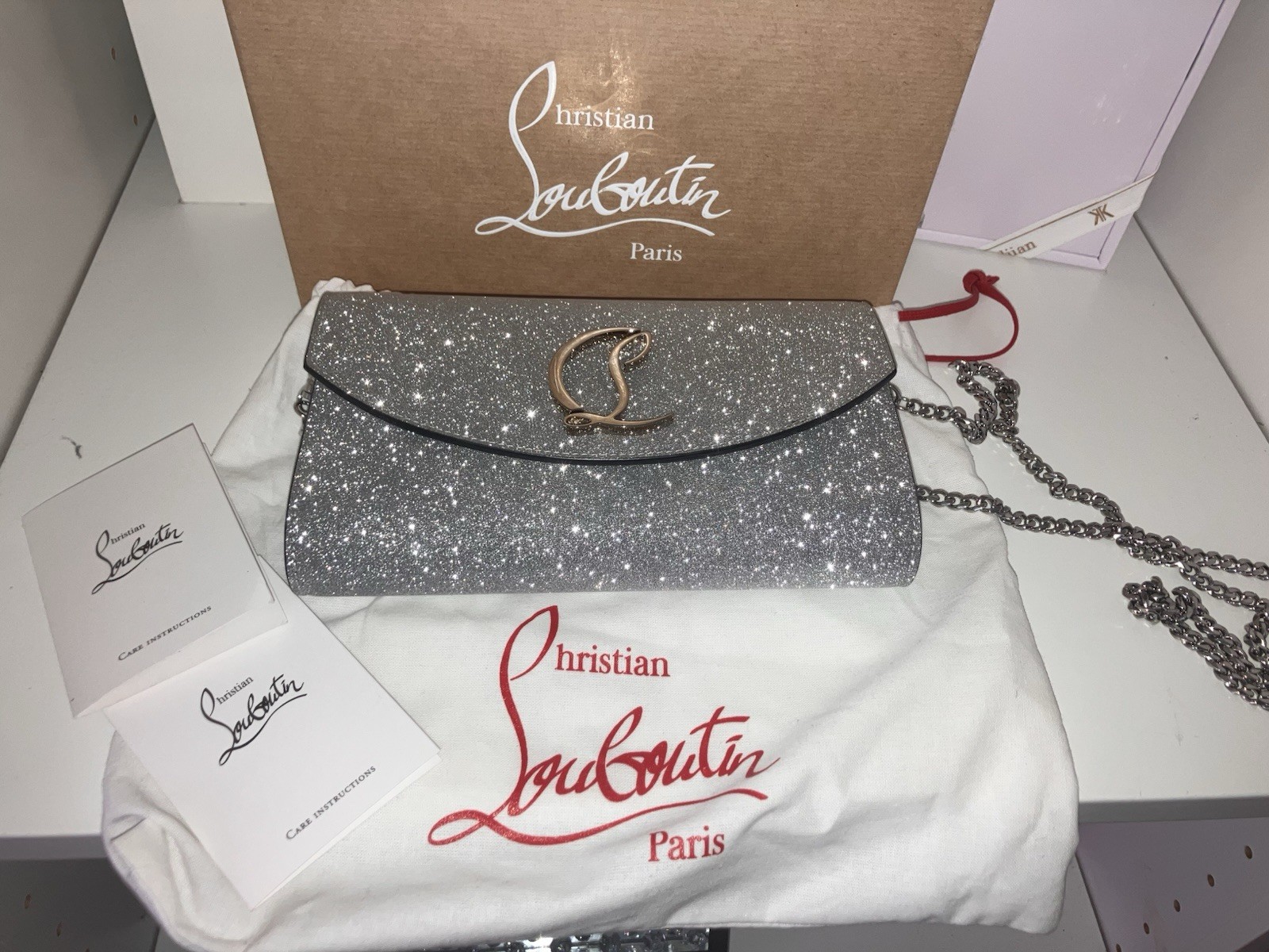 Christian Louboutin Loubi54 Silver Metallic Glitter Chain Clutch Bag