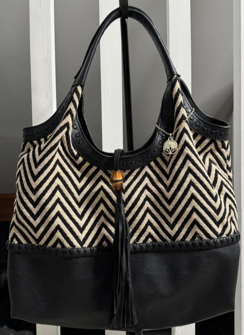 Large Big Buddha Black/Cream Chevron Shoulder Bag Tassel Snap Closure Hobo Bag