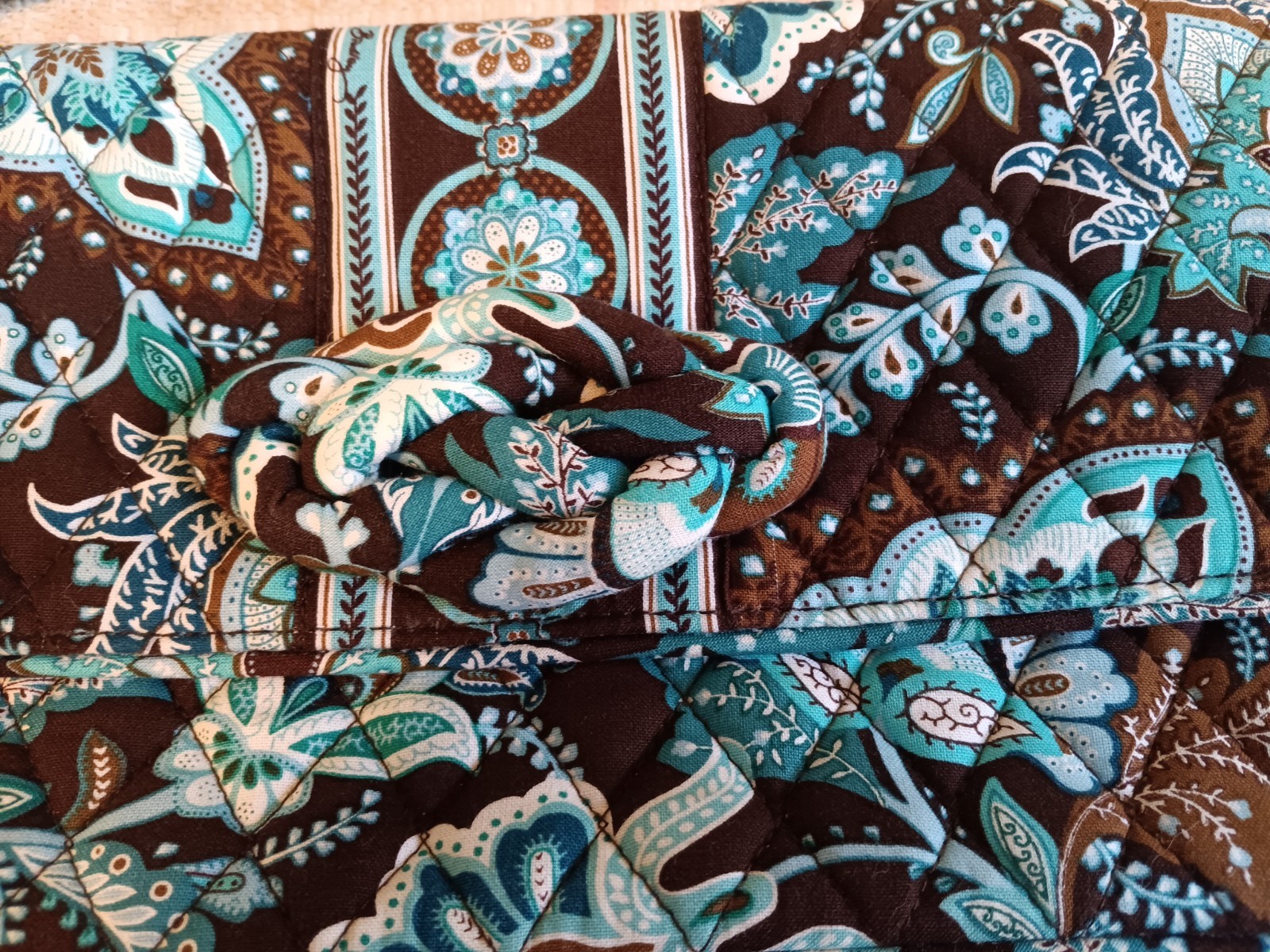 Vera Bradley Knot Just A Clutch, Brown And Aqua magnetic and zip closures
