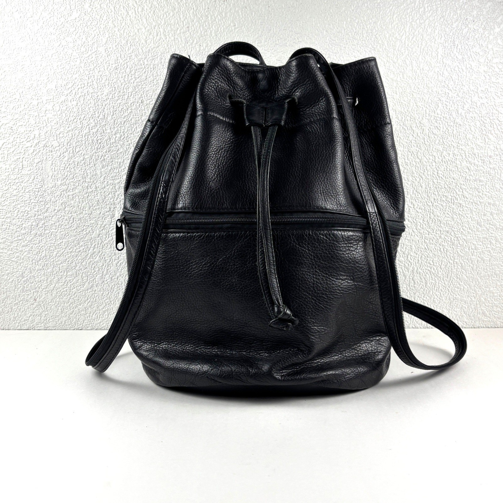 Pelle Leather Bucket Backpack Women Black Drawstring Pebbled Bag Boho Festival